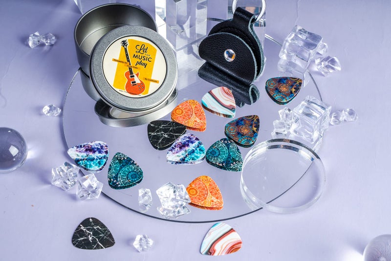 IRIDESCENT Guitar Picks - 12-pack 0.71mm Medium Gauge Celluloid Guitar Picks In a Box Picks Holder. Unique Guitar Gift For Bass, Electric & Acoustic Guitars (Flower Stone) - Image 5